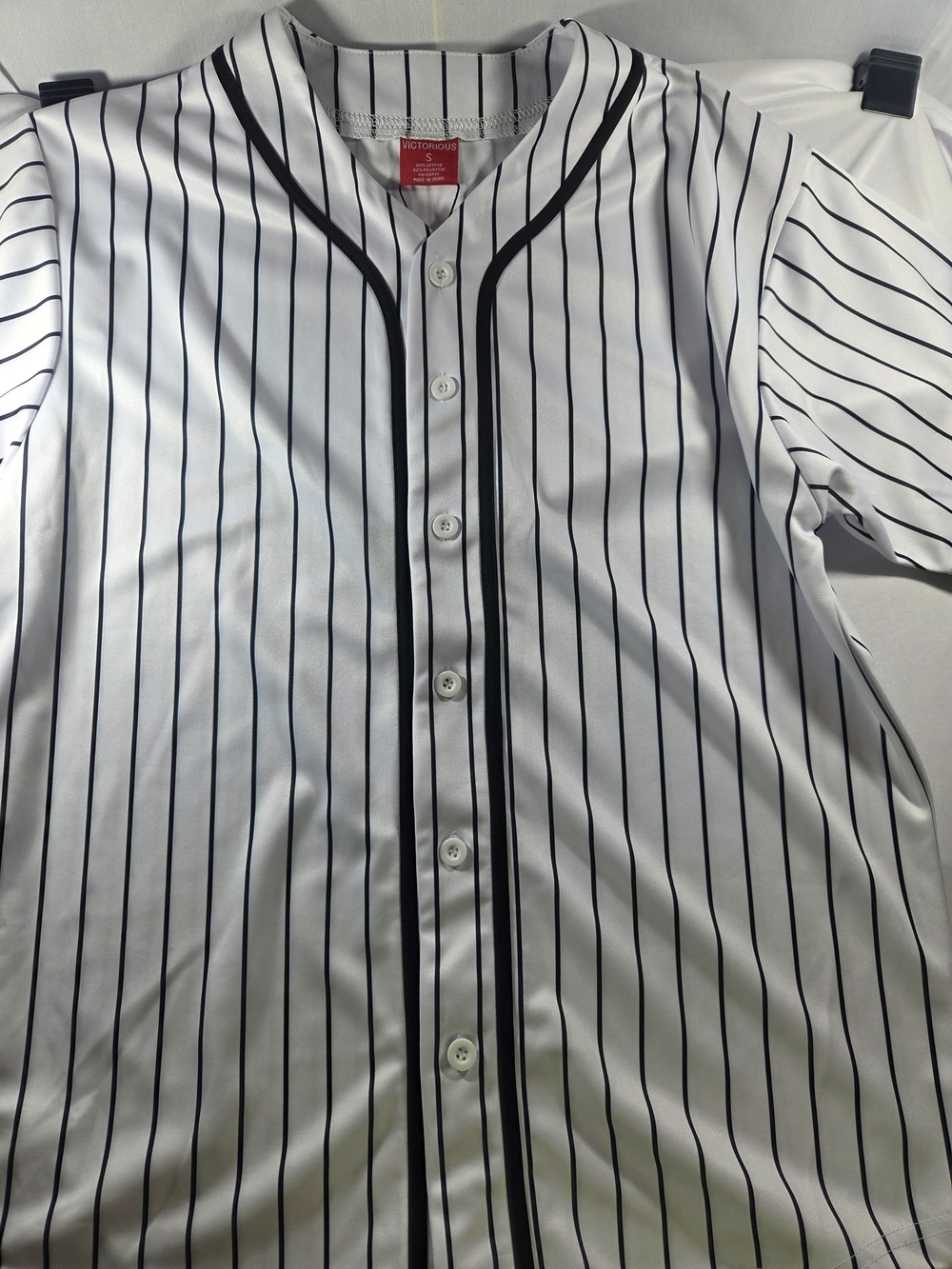 Men’s White Pinstripe Baseball Jersey with Black Trim